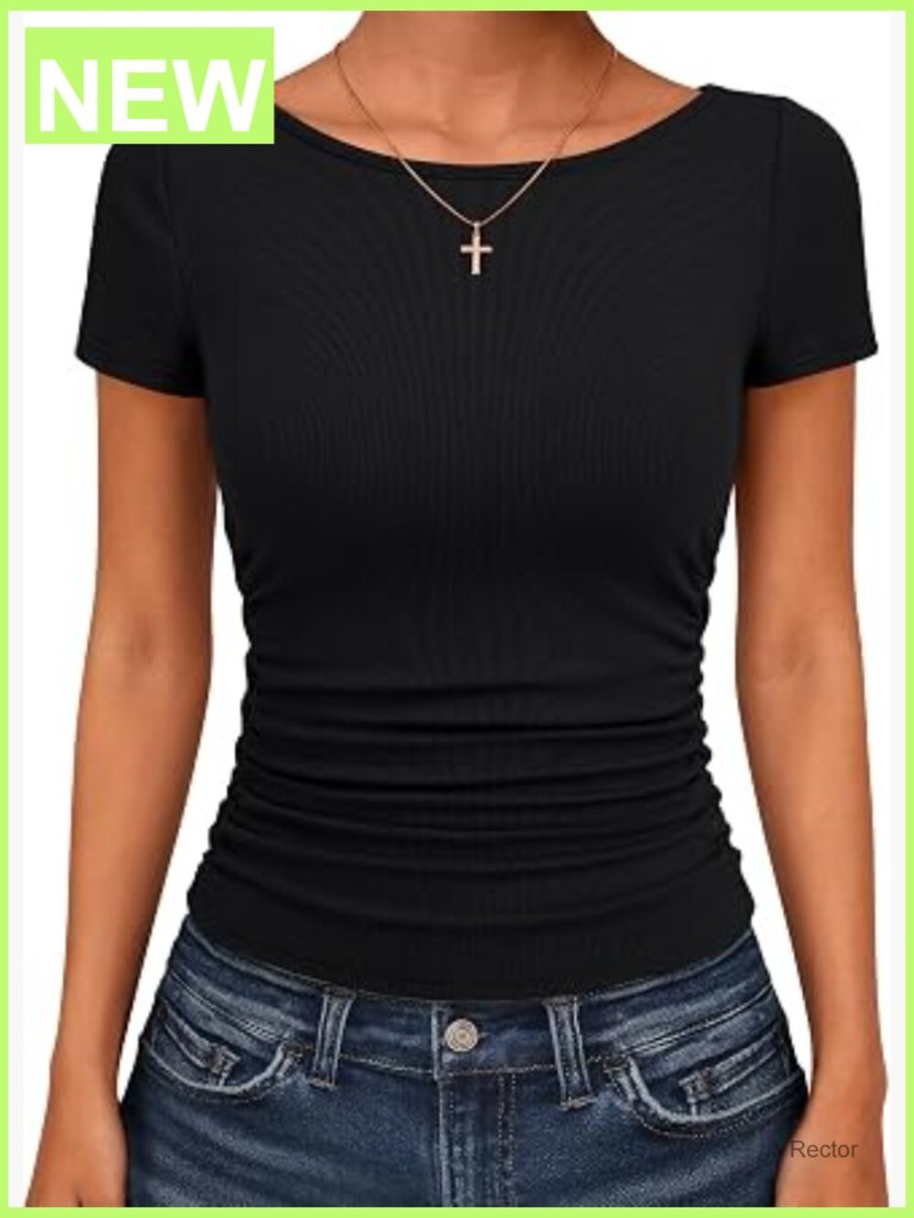 Women's Cap Sleeve Boat Neck Ruched Crop Top Ribbed Slim Fit Tee